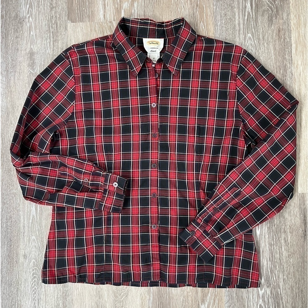 VINTAGE Talbots stretch red & black plaid button front shirt, size medium.